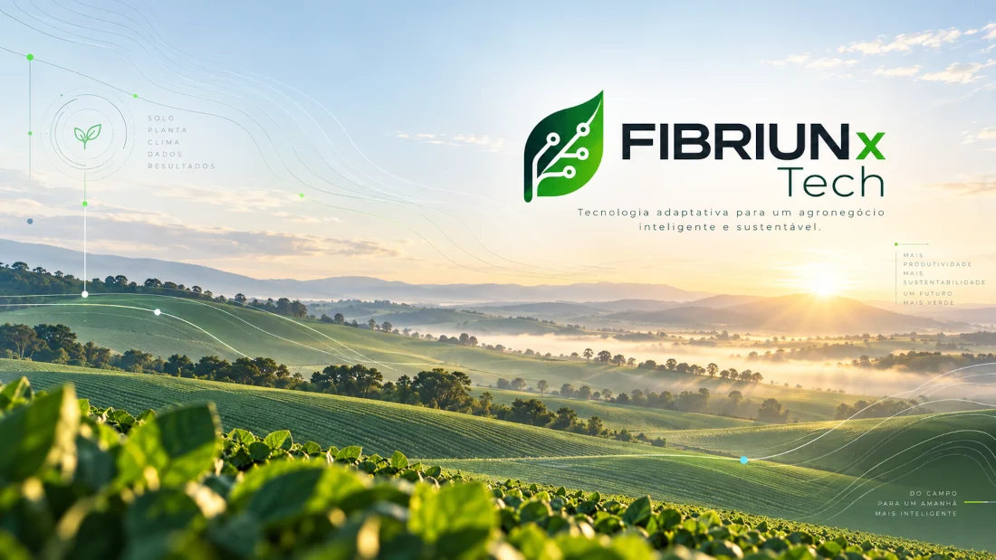 Ilustração conceitual FIBRIUNx Tech de lavouras ao amanhecer e camadas de conexão