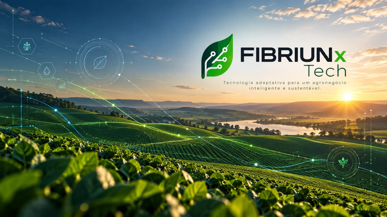 Ilustração FIBRIUNx Tech: paisagem agrícola ao amanhecer com conexões digitais